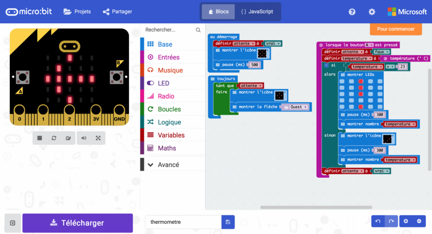 Capture d'écran de l'interface graphique pour l'utilisation du micro:bit